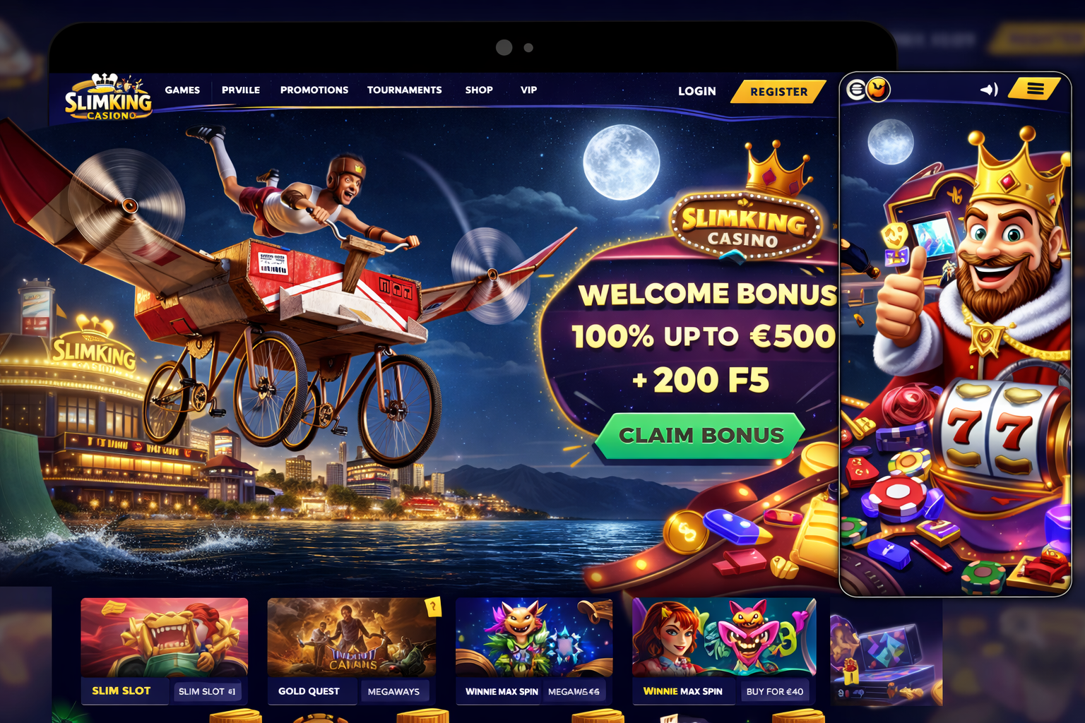 A joyful young man wearing a boxing helmet, white tank top, and red shorts kneels on a casino table surrounded by poker chips, playing cards, and two large tablet screens showing slot machine games. He raises both hands in a celebratory gesture while smil